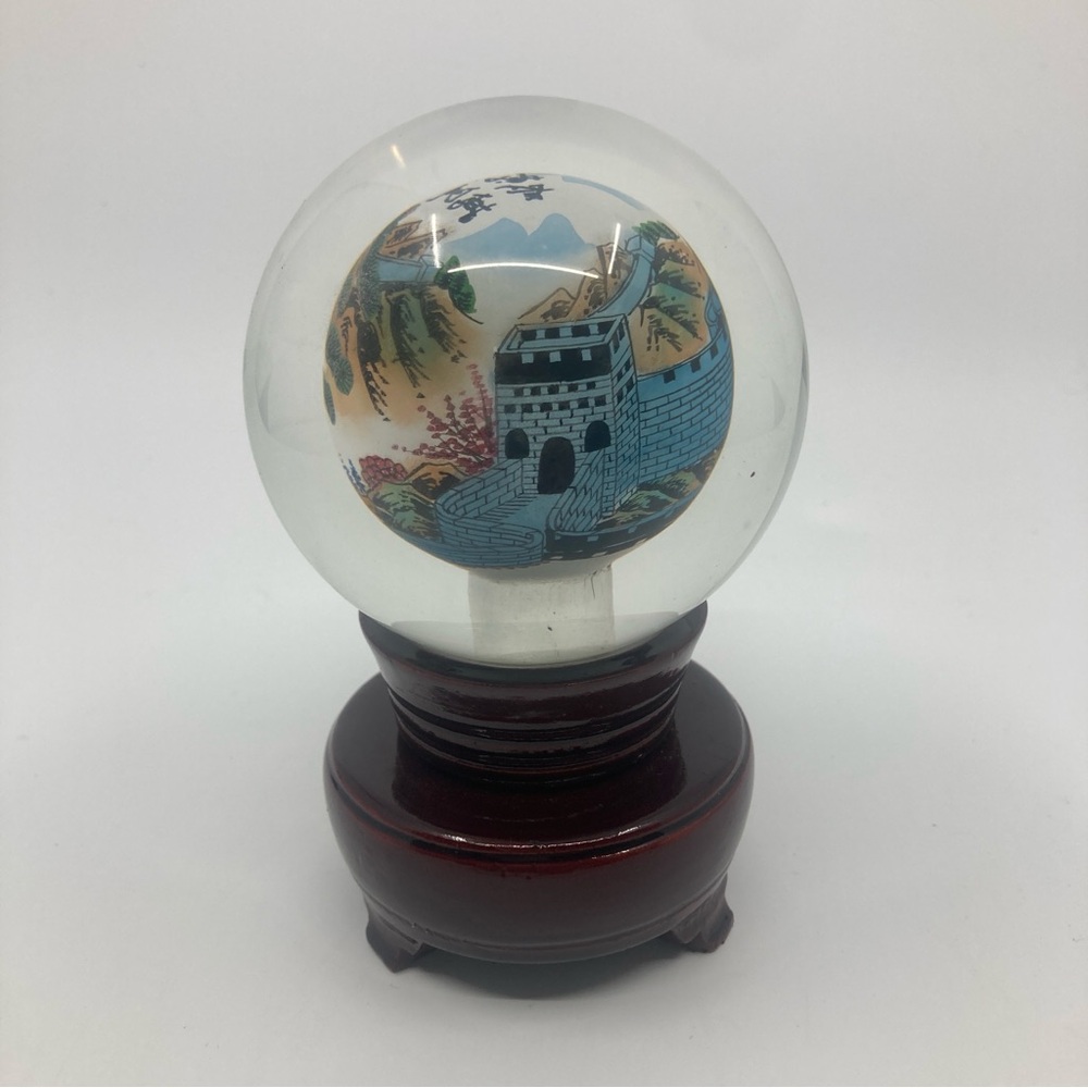 Vintage Chinese Great Wall of China Painted Landscape Sphere globe spinning base
